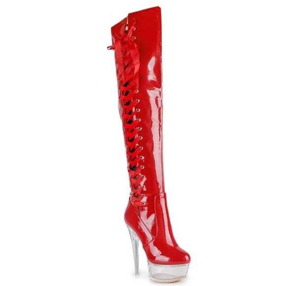 Offer! Golden Voltaire Shiny Patent Red Lace-Up Platform Lucite Clear Heel Boots - Picture 7 of 7